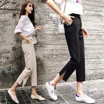 Smoke pipe pants 2021 summer new fashion Joker slim suit pants loose straight tube eight points nine wide leg split