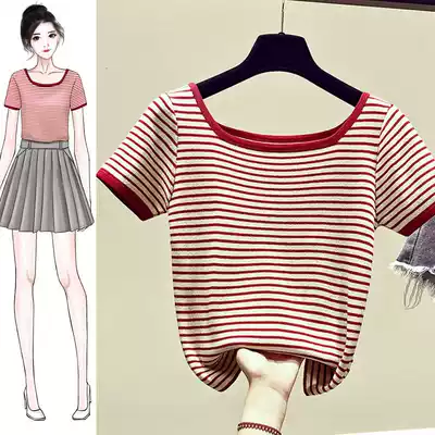 Ice silk short-sleeved t-shirt women's short summer 2021 new slim slim Korean striped ins tide sweater top