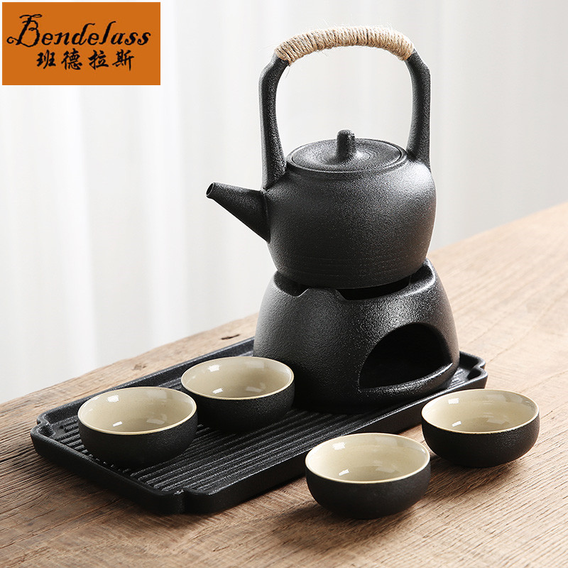 Banderas black pottery Kung Fu tea set Coarse pottery household bubble plate Teacup Warm teapot Simple gift box packaging