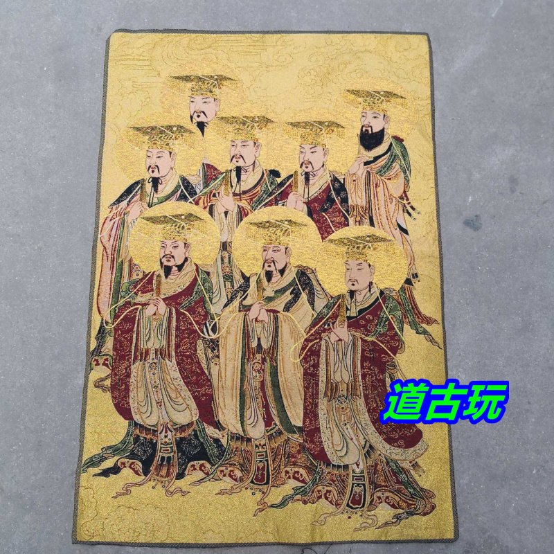 Antiques Religious Buddha Statues Silk Gold Embroidery Tantric Thangka Embroidery Three Sovereigns and Five Emperors Brocade Painting Murals