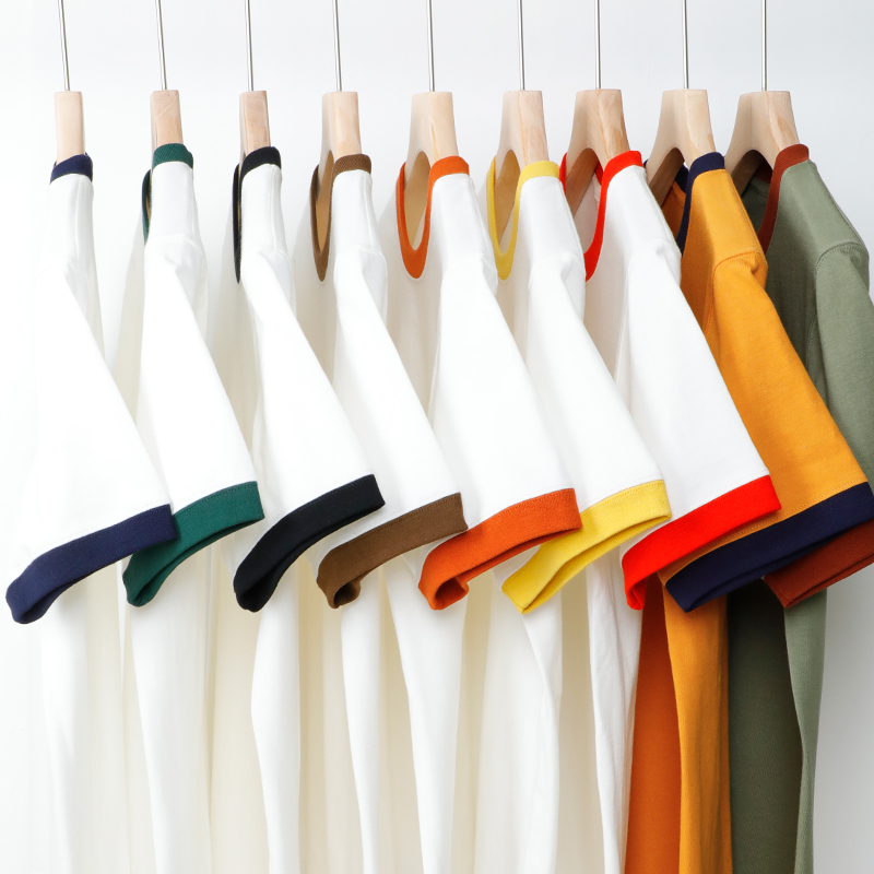 Summer Heavyweight Pure Cotton T-Shirt for Men, Color-Blocked Rolled Collar, American Casual Style, Vintage Short-Sleeve Base Shirt, Unisex Summer Heavyweight Pure Cotton T-Shirt for Men, Color-Blocked Rolled Collar, American Casual Style, Vintage Short-Sleeve Base Shirt, Unisex