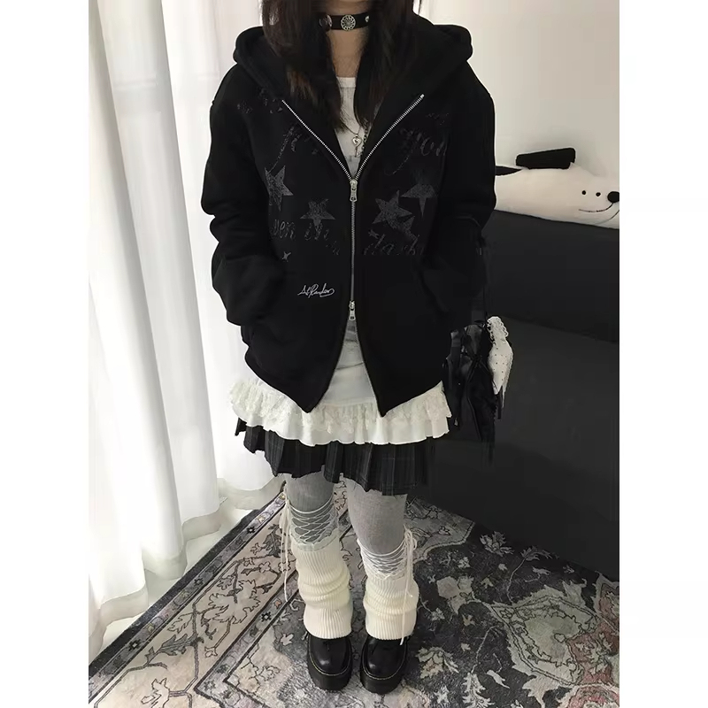 American Retro Black Star Print Hooded Cardigan Sweatshirt for Women Spring 2026 New Loose Double Zipper Jacket American Retro Black Star Print Hooded Cardigan Sweatshirt for Women Spring 2026 New Loose Double Zipper Jacket