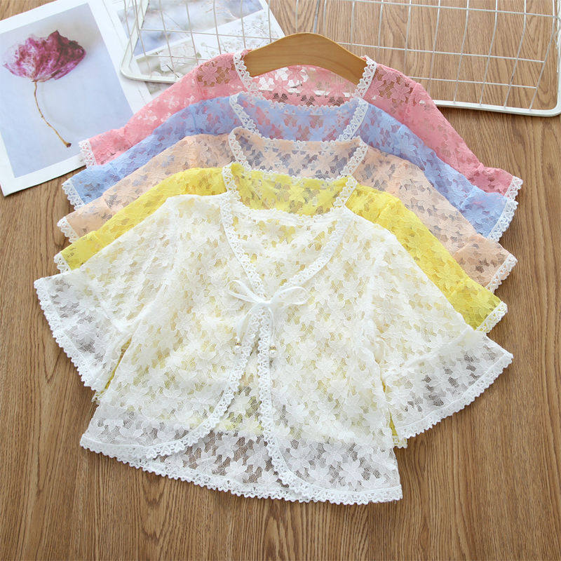 Girls Lace Hollow Outer Shawl Summer Thin Short Sleeve Small Vest Girl Baby Long Sleeve Small Cardigan Air Conditioning Shirt