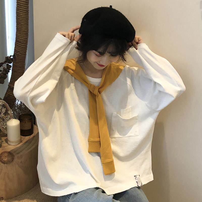 Early spring Korean version ins shawl long-sleeved T-shirt female student Harajuku style BF loose all-match round neck pullover thick cotton T-shirt
