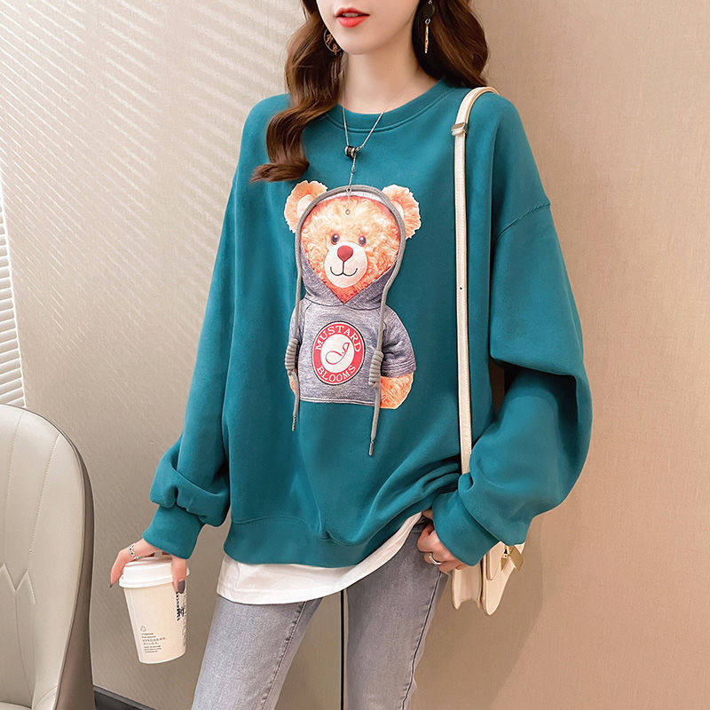Spring and autumn thin section fake two-piece sweater women's clothing 2021 new fried street bears age-reducing loose ins clothes trend