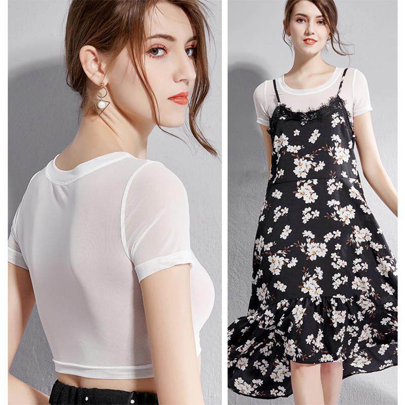 Mesh top, feminine, sunscreen, tulle and suspender skirt, half-cut short lace bottoming shirt