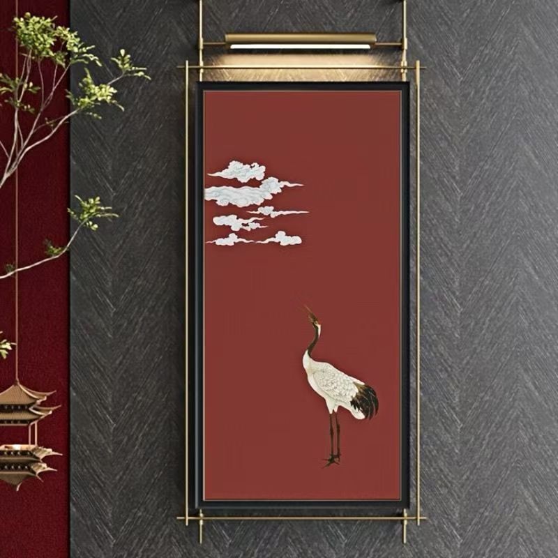 New Chinoiserie Wall Metal Boom Hanging Painting with Light Hotel Club Model Room Entrance Mid-Century Style Creative Decorative Painting