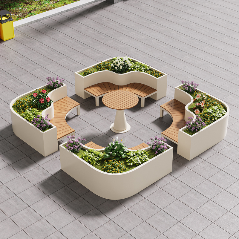 Outdoor Table and Chair Set with Flower Box, Round Outdoor Table and Seats, Plastic Wood, Open-Air Leisure Park, Homestay, Square, Courtyard