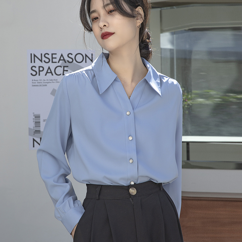 Blue Professional Shirt for Women, Chiffon Long-Sleeved 2026 New Style, Civil Servant and Teacher Shirt, Interview and Work Attire Top