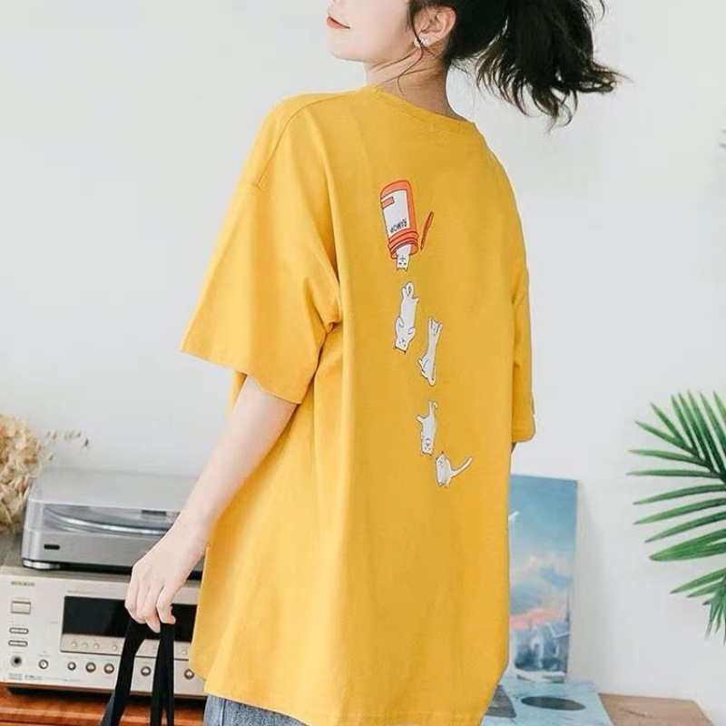 Single Two Loaded Pure Cotton Short Sleeves Women Summer Loose Korean Version Middle Sleeve Student T-Shirt Ins Big Size T-shirt t-shirt