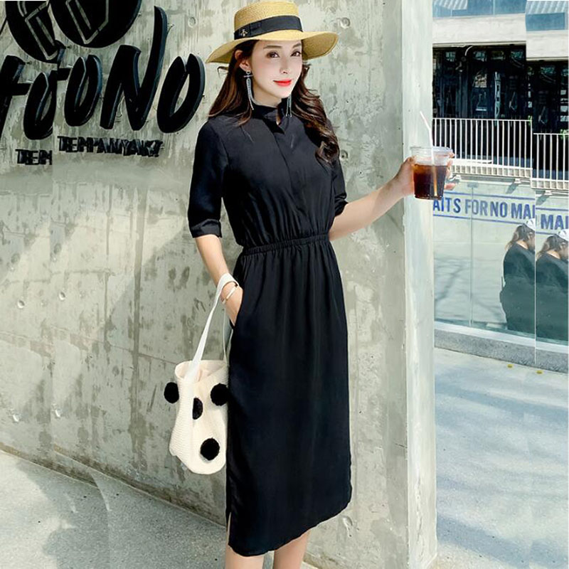 Net red small V-neck bellflower skirt, mid-length version, waist opening, slightly fat, large size, thin dress, French high waist spring and summer