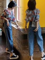 Womens dress 2022 new fat younger sister Thin Suit Big Code Micro Fat Girl Wearing a Snow-knitted Shirt Jeans Two Sets