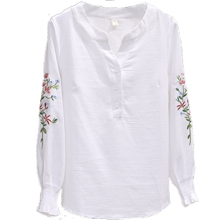 2025春秋新款V领套头棉布衬衣泡泡袖直筒显瘦百搭绣花长袖衬衫女