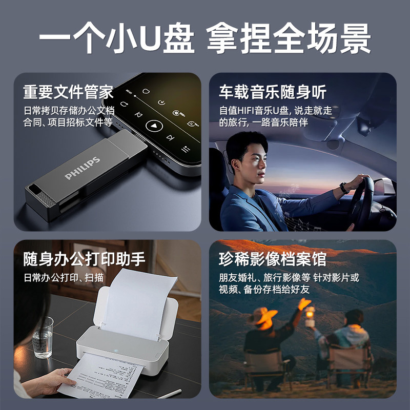 Philips USB Flash Drive Suitable for Huawei Mobile Phones, Dual Interface Typec, High-Speed, Large Capacity 256g, Double-Ended USB Flash Drive, Genuine Product