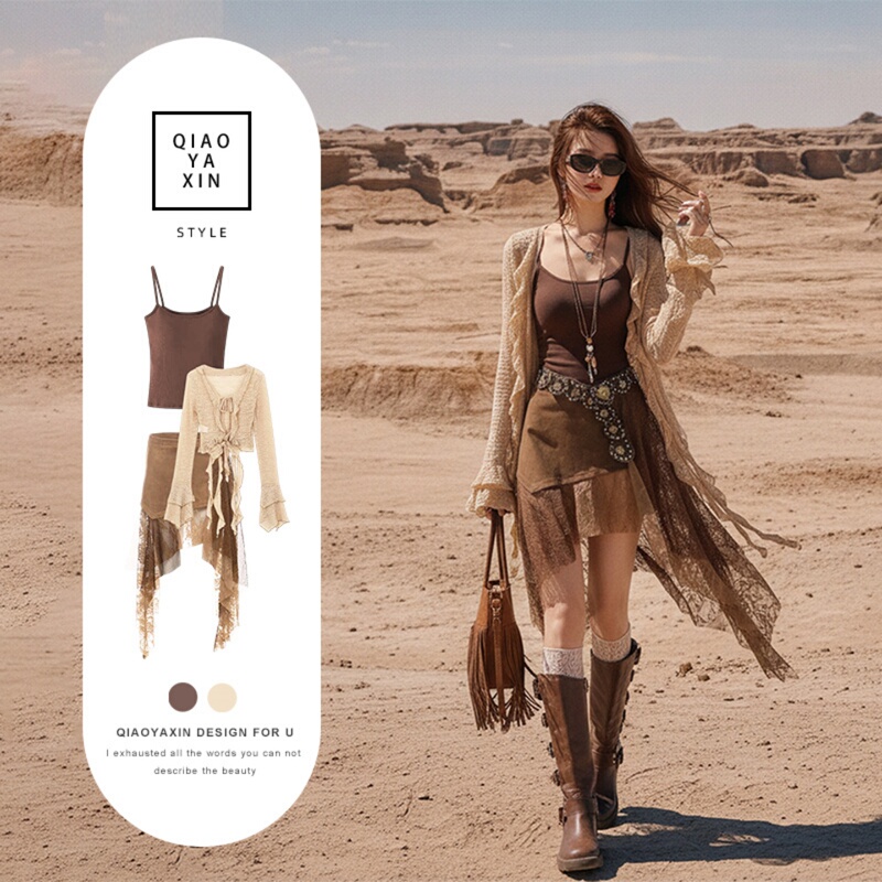 Sichuan-Western Xinjiang Travel Wasteland Style Hot Girl Spaghetti Strap Dress, Very Pretty and Beautiful, Early Autumn Outfit Set