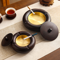 Black sandalwood creative portable ashtray with cover high-end niche anti-fly ash home office large copper ashtray