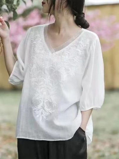 仿棉麻半袖上衣女夏季复古高端苎麻女装ⅴ领宽松大码刺绣薄款小衫