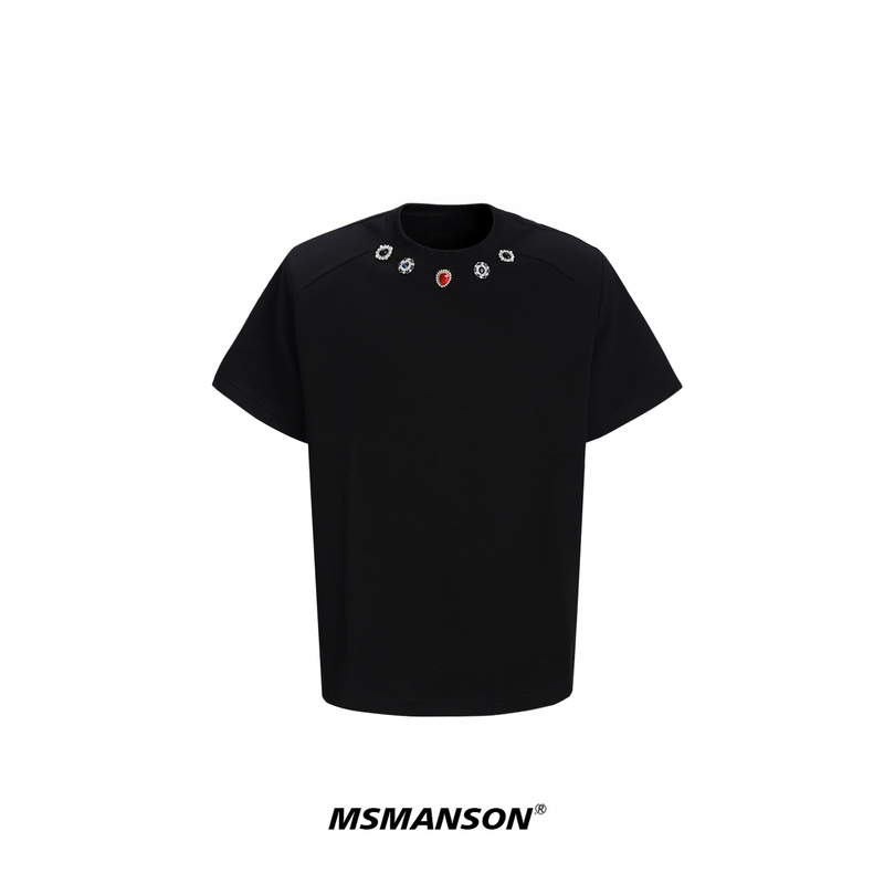 Manson Red Diamond Neck Decoration Short-Sleeved High-End National Trend Men's Summer Collar with Colorful Diamond Decoration Deconstructed Style Black T-Shirt