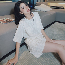 Sleepwear woman pure cotton cream white Two sets Summer new short sleeve head can be worn out of spring and autumn home Suits Suit