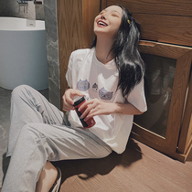 Home Deer Deer Sleepwear Womens Summer White Cartoon Pattern Two Sets Round Neckline Jacket Head New Casual Home Wear