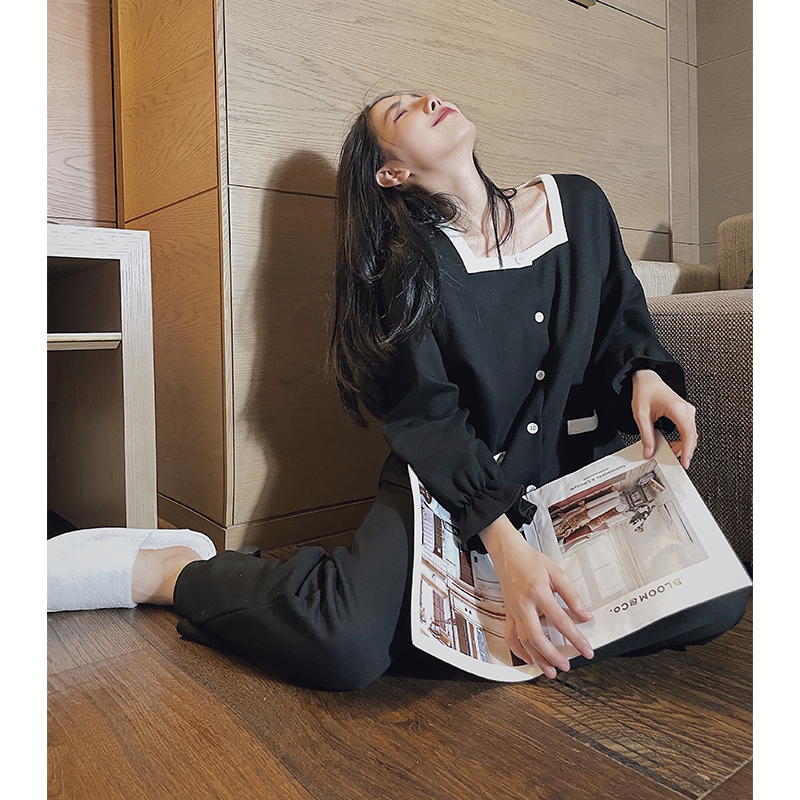 Fashion Square Collar Spring Autumn New Pyjamas Woman Long Sleeve Two Sets Lovers Home Suits Suit Men Outout Doors