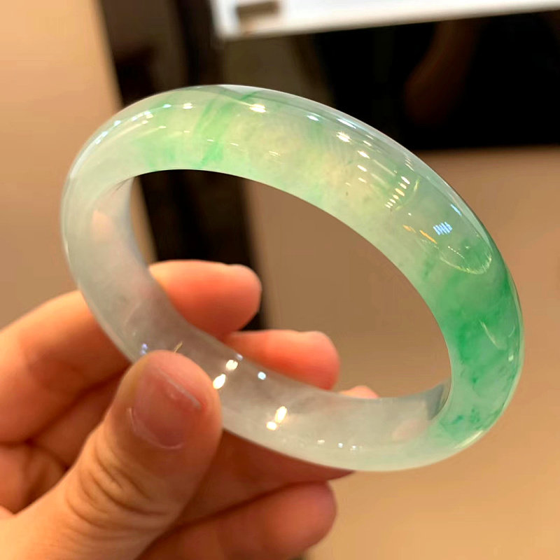 Natural Burmese ice species floating green flower jade bracelet round bar old pit positive circle a goods jade bracelet pendant female model with certificate