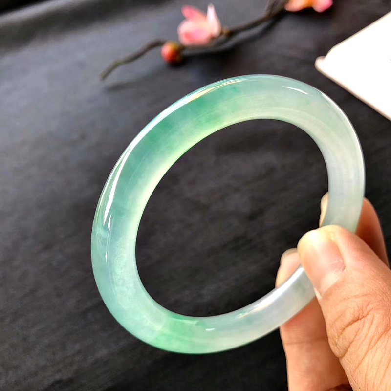 Natural clear water ice species floating flower jade bracelet round bar old pit Myanmar floating green positive circle jade bracelet children a goods with certificate