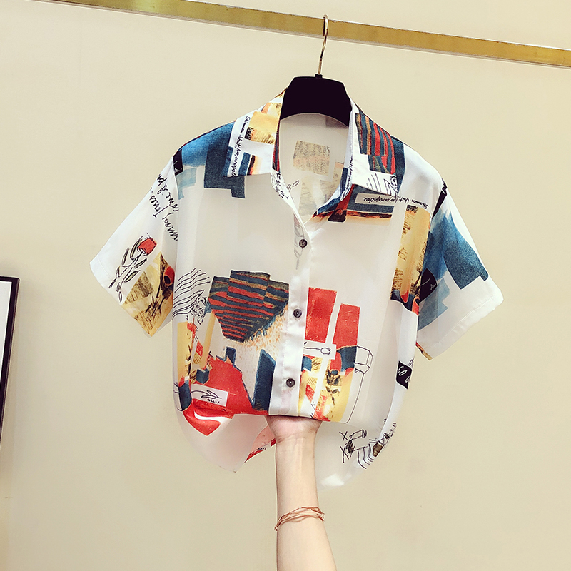 Tide card 2022 Summer new retro Aging Shirt Woman Banging Color Printed Foreign Pie Korean Version Short Sleeve Snow-spinning Shirt