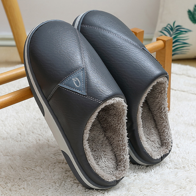 Men Cotton Slippers Autumn Winter New PU Leather Waterproof Home Thick Bottom Slippers Men's Winter Outdoor Warm Cotton Shoes Trend
