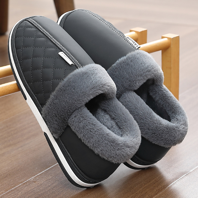 Autumn Winter Cotton Slippers Men Indoor Outwear Leather Warm Bag Heel Wool Shoes Home Domestic Anti-Slip Waterproof Men Cotton Shoes