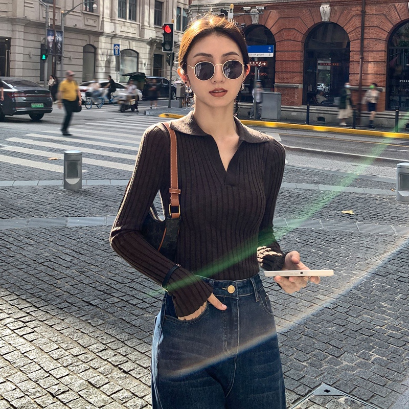 French-Style V-Neck Knitwear for Women, Suitable for Spring and Autumn, Slim Fit, Slimming Base Layer, Polo Collar Sweater, Inner Layer Top