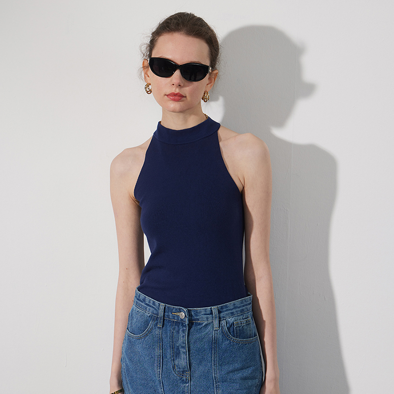 American-Style Halter Neck Camisole for Women, Summer Outerwear, Inner Layer, Beautiful Back, Knitted, Shoulder-Revealing, Sleeveless Top