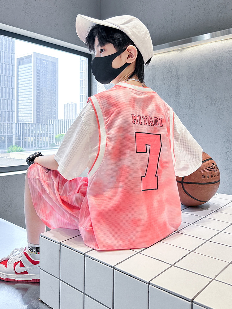 <!--儿童篮球服短袖套装男童网眼7号球衣中小学生扎染速干运动训练服-->