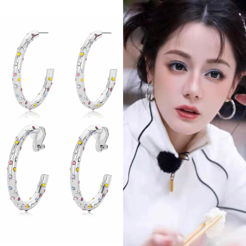 Dilraba's Same Style Happy Album Colorful Zircon High-End Large Hoop Earrings/Ear Clips