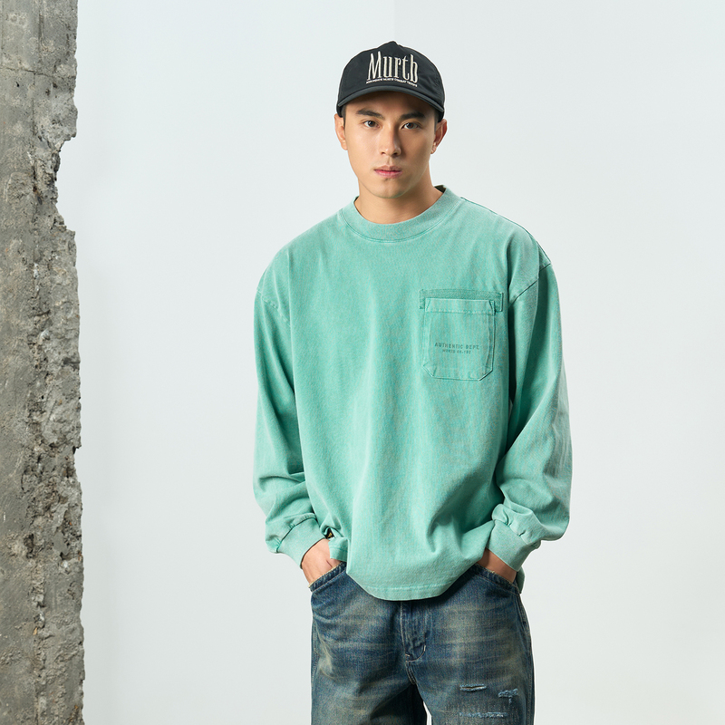 Midupdate 26 Early Autumn Vintage Washed and Distressed Asut Dye Workwear Pocket Slogan Print Long-Sleeve T-Shirt Midupdate 26 Early Autumn Vintage Washed and Distressed Asut Dye Workwear Pocket Slogan Print Long-Sleeve T-Shirt