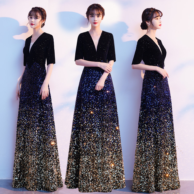 Elegant Choir Performance Attire for Women, Modern Long High-End Conductor Costume, Slim-Fit Host Evening Dress