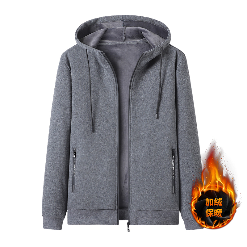 Pure Cotton Sweatshirt for Men, Autumn and Winter Fleece-Lined Thickened Jacket, Hooded Zip-Up Cardigan Top, Running Sportswear Coat