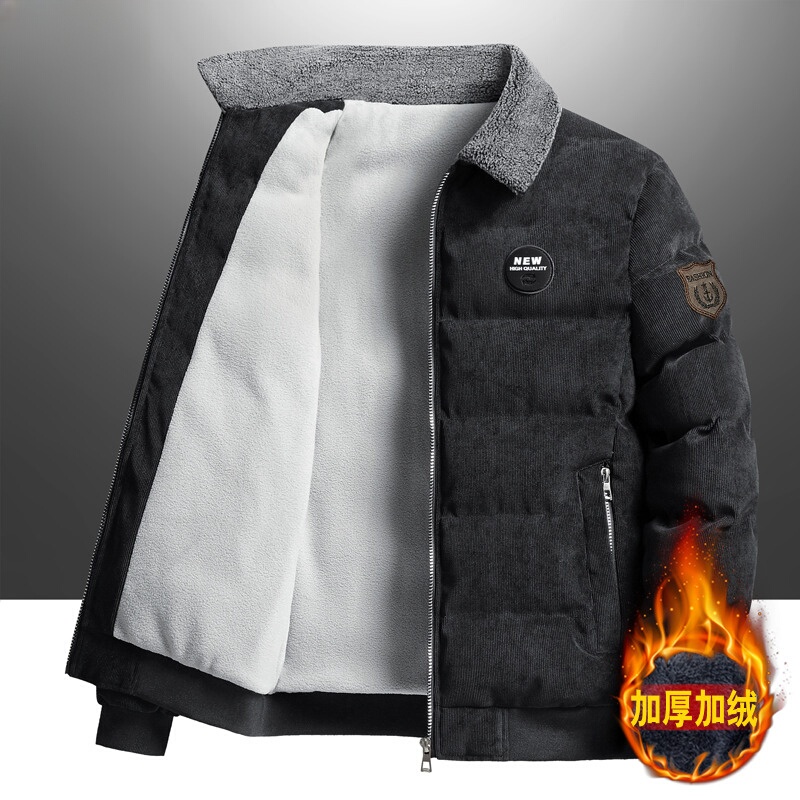 Corduroy Jacket for Men, Autumn and Winter, Fleece-Lined, Thickened, Turn-Down Collar, Cotton Coat, Suitable for Young and Middle-Aged, Lamb Wool Cotton-Padded Jacket, down Cotton Coat