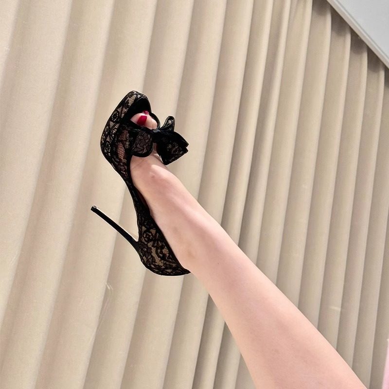 2026 New Open-Toe Peep-Toe Mesh Lace Embroidered Bow Waterproof Platform Sandals, Sexy Stiletto Heels