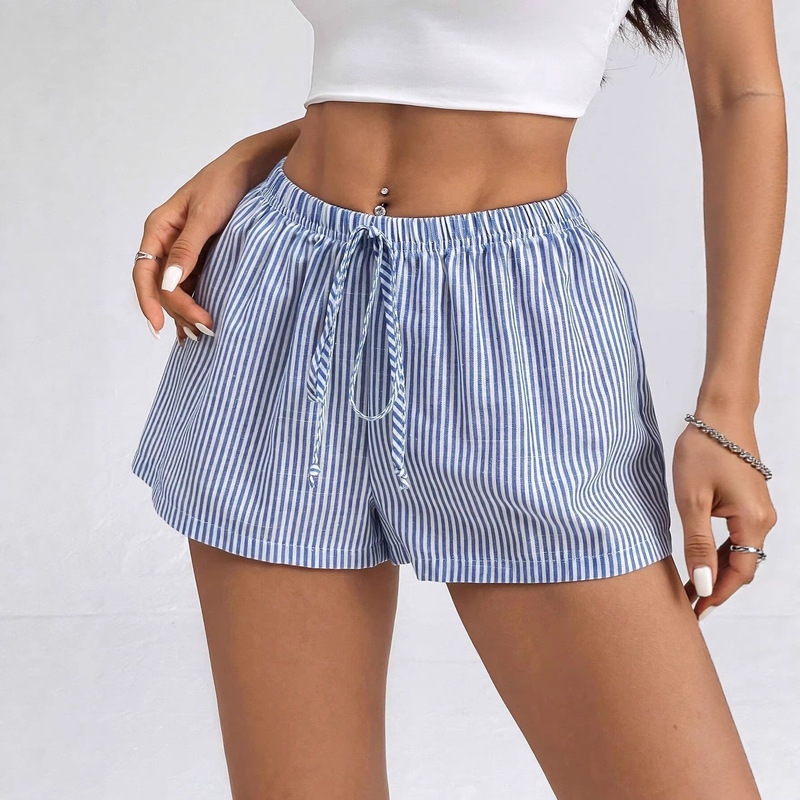 In-Stock Cross-Border Women's Clothing Amazon Best-Selling High-Waisted Striped Shorts Summer Drawstring Casual Sports Shorts Women's Hot Pants