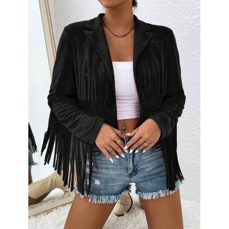 Amazon Foreign Trade Women's Clothing Autumn and Winter New Slim Fit Tassel Long-Sleeved Coat Jacket Warm and Stylish Amazon Foreign Trade Women's Clothing Autumn and Winter New Slim Fit Tassel Long-Sleeved Coat Jacket Warm and Stylish