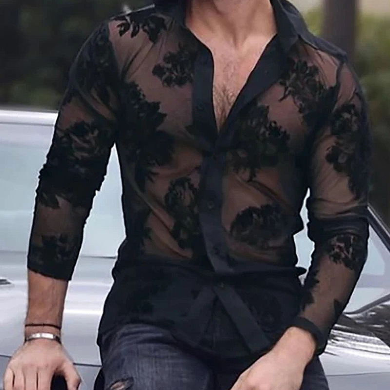 Cross-Border 2025 Summer European and American Men's Breathable Lace Long-Sleeved Mesh See-Through Shirt Fashionable Sexy Mesh Shirt