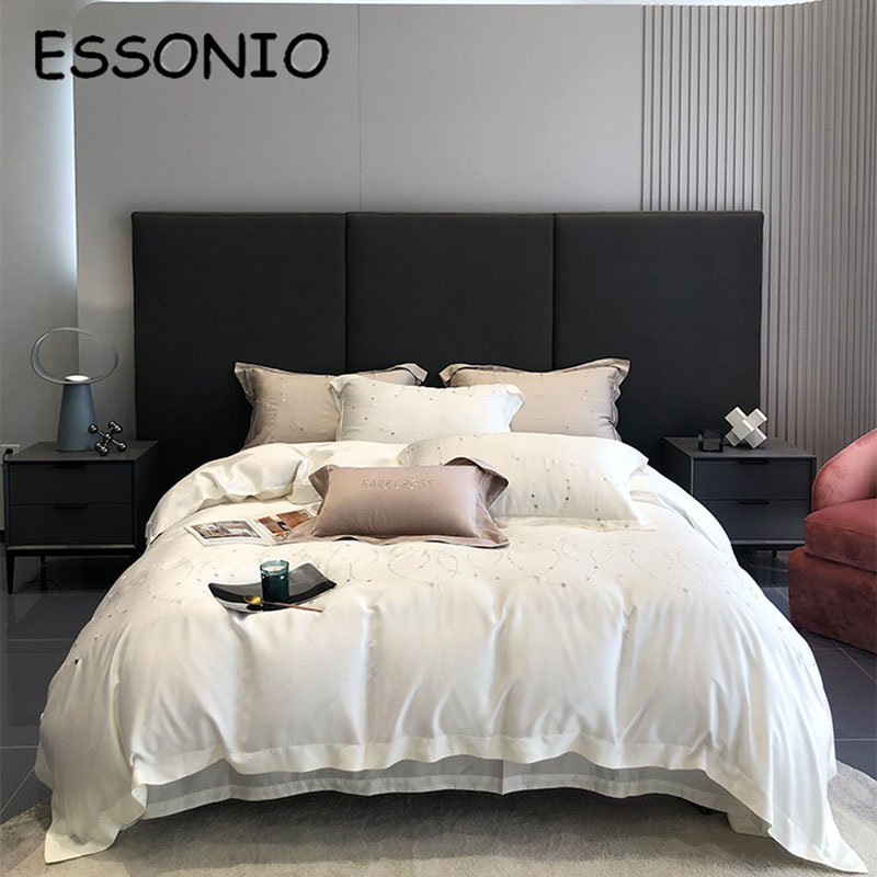 ESSONIO Summer Light Luxury Flag Skyline Four Pieces of Ice Sleeve Cold Embroidery Bed Sheets