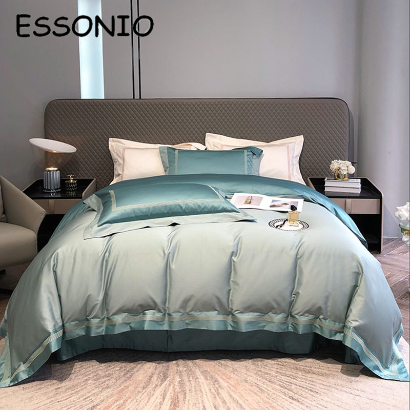 ESSONIO Summer Light Luxury Long-chown Cotton Four Pieces of Simple Cotton Bed with Bed