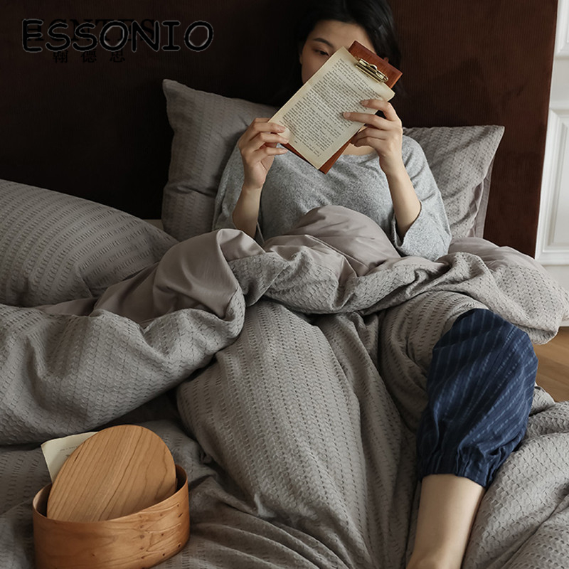 ESSONIO autumn and winter cotton waffle four-piece set simple skin-friendly fashion cotton sheets fitted sheets bedding