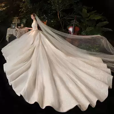 Champagne high-end wedding dress 2021 new bride temperament word shoulder heavy industry luxury big tailing starry sky high end