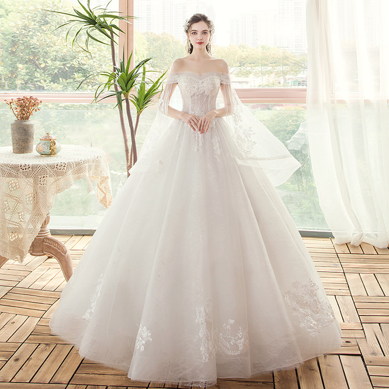 Straight Shoulder Light Main Wedding Dress 2022 New Temperament Bride Married Superfairy Dreamy White Zodie Small Tug Trailing