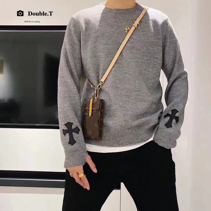 New Tide Brand Fall Winter Sweater Men Embroidered Pitty Cross Lax Couple Round-collar Wool Knitting Shirt