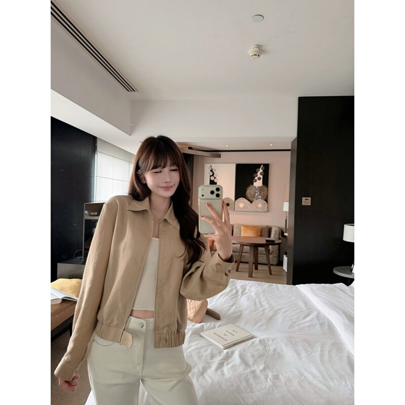 American Retro Khaki Lapel Short Jacket for Women, Early Autumn Casual Style, Versatile Loose-Fitting Jacket Top