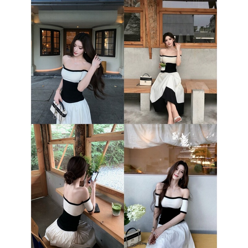 Purely Stylish Outfit Set for Women, Summer Korean Style Casual, Stunning Color-Blocking Off-Shoulder Top and Long Skirt Two-Piece Set